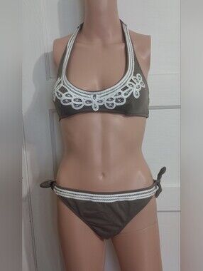 Victoria's Secret Olive Green Halter Bikini with White Trim